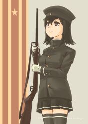 Rule 34 | 1girl, absurdres, akitsu maru (kancolle), akitsu maru kai (kancolle), black eyes, black hair, black jacket, black thighhighs, cowboy shot, gloves, gun, hat, highres, holding, holding gun, holding weapon, jacket, kantai collection, military hat, military uniform, pale skin, peaked cap, pleated skirt, pot-de, rifle, short hair, skirt, solo, standing, striped, striped background, thighhighs, uniform, weapon, white gloves