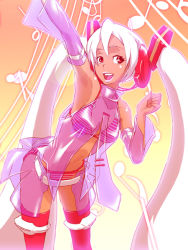 Rule 34 | 1girl, alternate hair color, belt, bikini, dark-skinned female, dark skin, detached sleeves, ganguro, hatsune miku, lipstick, long hair, looking at viewer, makeup, musical note, navel, open mouth, see-through, smile, solo, striped bikini, striped clothes, swimsuit, takapillow, twintails, vocaloid, white hair