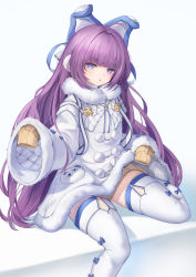 Rule 34 | 1girl, :o, absurdres, animal ears, animal print, aran sweater, azur lane, bear print, blue eyes, blue ribbon, blunt bangs, blush, brown sweater, cable knit, coat, coat lift, commentary request, fake animal ears, fur trim, hair ornament, hair ribbon, highres, layered sleeves, long hair, long sleeves, looking at viewer, miso (b7669726), open mouth, ponytail, purple hair, ribbon, sitting, skindentation, sleeves past wrists, solo, sweater, tashkent (azur lane), thighhighs, very long hair, white background, white coat, white thighhighs, wide sleeves