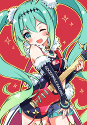 Rule 34 | 1girl, absurdres, aqua eyes, aqua hair, black dress, black sleeves, blush, clothes writing, commentary, company name, cowboy shot, detached sleeves, dress, electric guitar, fang, fur-trimmed sleeves, fur trim, goodsmile racing, guitar, hair ornament, hatsune miku, highres, holding, holding instrument, instrument, logo, long hair, music, one eye closed, open mouth, playing instrument, pom pom (clothes), pom pom hair ornament, racing miku, racing miku (2018), red background, skin fang, smile, smiley face, solo, star ornament, twintails, very long hair, vocaloid, yukine