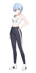 Rule 34 | 1girl, absurdres, bare arms, bare shoulders, black pants, blue hair, breasts, crop top, full body, hand on own hip, highres, looking at viewer, midriff, navel, original, pants, purple eyes, shoes, short hair, shoulder tattoo, simple background, sleeveless, small breasts, solo, sports bra, standing, tattoo, track pants, ugwa, white background, white footwear, white sports bra