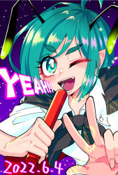Rule 34 | 1girl, androgynous, antennae, black cape, blush, cape, collared shirt, commentary request, dated, english text, green eyes, green hair, highres, looking at viewer, one eye closed, open mouth, red cape, relay baton, shirt, short hair, short sleeves, smile, solo, swept bangs, tokatokato, touhou, two-sided cape, two-sided fabric, upper body, white shirt, wriggle day, wriggle nightbug