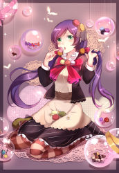 Rule 34 | 10s, 1girl, absurdres, blush, bubble, bug, butterfly, dress, eating, food, green eyes, highres, insect, long hair, love live!, love live! school idol festival, love live! school idol project, macaron, pantyhose, purple hair, solo, striped clothes, striped pantyhose, thighhighs, tojo nozomi, xinghuo
