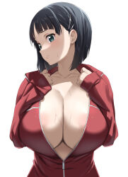 Rule 34 | 1girl, aqua eyes, areola slip, black hair, blunt bangs, bob cut, breasts, breasts squeezed together, cleavage, collarbone, commentary request, fuooooo, hair ornament, hairclip, hands on own chest, hands up, highres, huge breasts, jacket, kirigaya suguha, light blush, long sleeves, looking away, looking to the side, no bra, partially unzipped, red jacket, short hair, simple background, sleeves past wrists, solo, sweat, sword art online, track jacket, upper body, white background, zipper pull tab