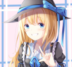 Rule 34 | 1girl, :d, adapted costume, bad id, bad pixiv id, black hat, blonde hair, blue eyes, blue neckwear, blue ribbon, blush, breasts, hat, hat ribbon, highres, index finger raised, juliet sleeves, kirisame marisa, kofumi (nxme5555), long hair, long sleeves, open mouth, pink background, puffy sleeves, ribbon, shirt, sleeve ribbon, small breasts, smile, solo, striped clothes, striped shirt, touhou, upper body, vertical stripes