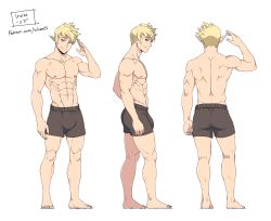 Rule 34 | 1boy, abs, ass, back, black boxers, black male underwear, blonde hair, boxers, bulge, character name, character request, check character, elder&#039;s floating temple, elf, from behind, from side, green eyes, height, highres, ichan-desu, irvine (elder&#039;s floating temple), looking at viewer, male focus, male underwear, multiple views, muscular, muscular male, nipples, patreon username, pectorals, pointy ears, simple background, standing, underwear, underwear only, white background