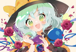 Rule 34 | 1girl, :d, black hat, blouse, blue flower, blue rose, blush, bow, floral print, flower, frilled shirt collar, frilled sleeves, frills, green eyes, green hair, hat, heart, heart of string, komeiji koishi, long sleeves, looking at viewer, mikako chan3, open mouth, petals, pink flower, pink rose, purple flower, purple rose, red flower, red rose, ribbon, rose, rose petals, rose print, shirt, short hair, smile, solo, third eye, thorns, touhou, upper body, wide sleeves, yellow flower, yellow rose, yellow shirt