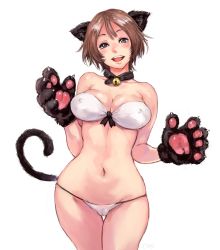 Rule 34 | 1girl, :d, animal ears, animal hands, bare arms, bare shoulders, bell, bikini, black choker, breasts, brown hair, cameltoe, cat ears, choker, cleavage, cleft of venus, collarbone, commentary, covered erect nipples, cowboy shot, fake animal ears, fake tail, gloves, hands up, head tilt, jingle bell, large breasts, looking at viewer, open mouth, original, paw gloves, purple eyes, shiny skin, short hair, shu-mai, simple background, smile, solo, standing, stomach, strapless, strapless bikini, swimsuit, tail, teeth, thigh gap, upper teeth only, white background, white bikini