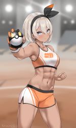 Rule 34 | 1girl, abs, absurdres, bea (pokemon), biceps, black hairband, blush, breasts, clenched hand, closed mouth, creatures (company), dark-skinned female, dark skin, frown, game freak, gloves, grey eyes, grey hair, gym leader, hair between eyes, hairband, highres, kaetzchen, looking at viewer, medium breasts, muscular, muscular female, navel, nintendo, orange gloves, poke ball, pokemon, pokemon swsh, single glove, solo, sports bra, standing, stomach, thighs, tsurime, two-tone gloves, ultra ball