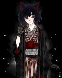 Rule 34 | 1girl, animal ears, black background, black gloves, black hair, black kimono, black sash, bow, cat ears, cat girl, closed mouth, cowboy shot, floral print, gloves, hand up, highres, japanese clothes, kimono, lace, lace gloves, lolita fashion, looking at viewer, makeup, mole, mole under eye, nail polish, obi, obiage, obijime, original, print kimono, red bow, red kimono, red lips, red nails, red sash, sash, seal impression, short hair, signature, smile, solo, standing, star (symbol), ushiyama ame, wa lolita, waving, yagasuri, yellow eyes