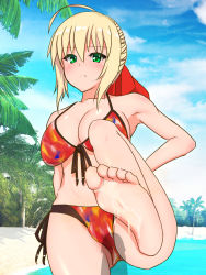 Rule 34 | 1girl, ahoge, bare shoulders, barefoot, beach, bikini, blonde hair, blush, breasts, cloud, cum, cum on body, cum on feet, fate/stay night, fate (series), feet, footjob, front-tie bikini top, front-tie top, green eyes, highres, invisible penis, large breasts, leg up, looking at viewer, nero claudius (fate), nero claudius (fate) (all), outdoors, palm tree, penis, servant (fate), side-tie bikini bottom, sky, soles, solo, swimsuit, toes, tree, uncensored