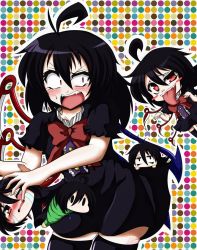 5girls ahoge asymmetrical_wings bad_id bad_pixiv_id black_hair black_legwear chibi dress houjuu_nue multiple_girls multiple_persona open_mouth polka_dot polka_dot_background red_eyes short_hair smile tears thighhighs tongue tongue_out touhou wings yukkuri_shiteitte_ne zettai_ryouiki ziogon