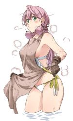 Rule 34 | 1girl, akashi (kancolle), alternate costume, apron, apron lift, artist request, bikini, black gloves, black ribbon, blowing, breasts, brown apron, clothes lift, colorized, cowboy shot, dirty, gloves, green eyes, hair ribbon, kantai collection, lifted by self, looking at viewer, medium breasts, nearly naked apron, pink hair, puff of air, removing bra, ribbon, side-tie bikini bottom, solo, standing, steam, sweat, swimsuit, untied bikini, untying, wading, white background, white bikini