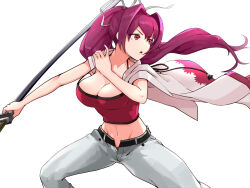 Rule 34 | 1girl, breasts, cleavage, fighting stance, large breasts, legs, midriff, navel, open fly, open mouth, pants, serious, shirt, sleeveless, sleeveless shirt, sword, thighs, tuzi717, unbuttoned pants, under night in-birth, unzipped, weapon, yuzuriha (under night in-birth)