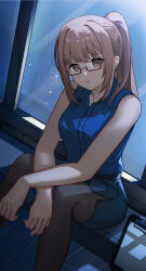 Rule 34 | 1girl, absurdres, arms on knees, bare arms, bare shoulders, black-framed eyewear, black pantyhose, black skirt, blue shirt, breasts, brown eyes, brown hair, buttons, collared shirt, commentary request, commission, crossed arms, dress shirt, dutch angle, earrings, glasses, head tilt, highres, indoors, jewelry, linda man, long hair, looking at viewer, medium breasts, mole, mole under eye, moonlight, night, office lady, open mouth, original, pantyhose, pencil skirt, ponytail, semi-rimless eyewear, shirt, shirt tucked in, sidelocks, sitting, skirt, sleeveless, sleeveless shirt, solo, under-rim eyewear, window