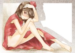 Rule 34 | 1girl, abo (hechouchou), alternate costume, bare legs, barefoot, blush, brown hair, china dress, chinese clothes, dress, female focus, hair over one eye, hand on own head, hat, looking at viewer, no panties, no wings, red eyes, shameimaru aya, short hair, side slit, silhouette, sitting, smile, solo, tokin hat, touhou