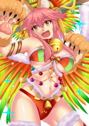 Rule 34 | 1girl, animal ear fluff, animal ears, animal hands, bell, breasts, cat paws, cleavage, collar, cosplay, fangs, fate/grand order, fate (series), feathers, fox ears, fox tail, gloves, hair ornament, headdress, highres, jingle bell, large breasts, long hair, looking at viewer, meierufu, navel, neck bell, open mouth, paw gloves, pink hair, quetzalcoatl (fate), quetzalcoatl (samba santa) (fate), quetzalcoatl (samba santa) (fate) (cosplay), solo, sparkle, swimsuit, tail, tamamo (fate), tamamo cat (fate)