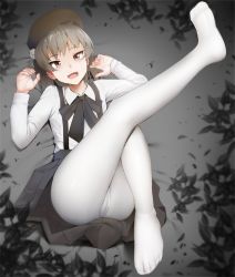 Rule 34 | 1girl, :d, beret, black skirt, brown eyes, cameltoe, cleft of venus, commentary, fangs, full body, ginhaha, grey hair, hat, hatoba tsugu, leaf, leg up, long sleeves, looking at viewer, medium hair, mole, mole under eye, no shoes, open mouth, pantyhose, revision, shirt, skirt, smile, solo, suspender skirt, suspenders, toes, virtual youtuber, white pantyhose, white shirt