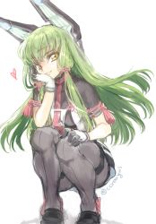 Rule 34 | 1girl, black pantyhose, c.c., code geass, cosplay, creayus, gloves, green hair, hair ribbon, headgear, heart, kantai collection, long hair, looking at viewer, murakumo (kancolle), murakumo (kancolle) (cosplay), necktie, pantyhose, pink ribbon, ribbon, simple background, solo, squatting, twitter username, white background, white gloves, yellow eyes