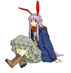 Rule 34 | 1girl, alternate costume, alternate hairstyle, animal ears, boots, braid, buttons, cross-laced footwear, dress shirt, frills, full body, highres, hinoyama ena, hyounosen ena, jacket, lace-up boots, long hair, long skirt, rabbit ears, red eyes, red scarf, reisen udongein inaba, scarf, shirt, simple background, sitting, skirt, solo, touhou, very long hair, white background, white shirt