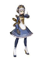 Rule 34 | 1girl, absurdres, armor, clenched hand, dress, fantasy, frilled dress, frills, full body, gears, green eyes, high heels, highres, joints, original, robot joints, short hair, simple background, solo, square pupils, sumith, white background, white hair, winding key