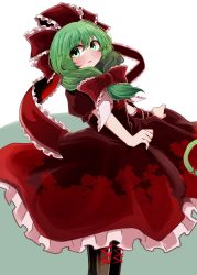 Rule 34 | 1girl, absurdres, black footwear, bow, cross-laced clothes, cross-laced footwear, dress, front ponytail, green eyes, green hair, hair bow, hair ribbon, highres, holding, holding clothes, holding dress, kagiyama hina, looking at viewer, open mouth, red bow, red dress, red ribbon, ribbon, short sleeves, smile, solo, standing, touhou, v arms, yasui nori