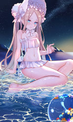 Rule 34 | 1girl, abigail williams (fate), abigail williams (swimsuit foreigner) (fate), abigail williams (swimsuit foreigner) (third ascension) (fate), absurdres, ball, bare shoulders, beach, beachball, bikini, blonde hair, blue eyes, bonnet, bow, breasts, fate/grand order, fate (series), forehead, hair bow, highres, long hair, miniskirt, navel, night, night sky, parted bangs, shore, sidelocks, sitting, skirt, sky, small breasts, solo, star (sky), starry sky, swimsuit, twintails, very long hair, vicky26220183, water, wet, white bikini, white bow, white headwear