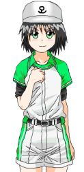 Rule 34 | 1girl, adapted costume, baseball cap, baseball uniform, belt, black hat, hat, looking at viewer, murasa minamitsu, shorts, smile, sportswear, touhou, yuji140