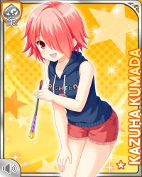 Rule 34 | 1girl, bare arms, card (medium), character name, earrings, fireworks, girlfriend (kari), hood, hood down, hoodie, jewelry, kumada kazuha, looking at viewer, matching hair/eyes, official art, open mouth, qp:flapper, red eyes, red hair, red shorts, shirt, short hair, shorts, smile, tagme, yellow background