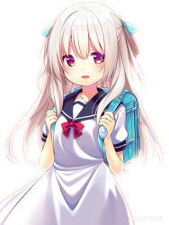 Rule 34 | 1girl, backpack, bag, blue bag, child, commentary request, crime prevention buzzer, dress, long hair, open mouth, original, randoseru, red eyes, ribbon, sailor collar, school uniform, short sleeves, silver hair, simple background, smile, solo, two side up, upper body, usume shirou, white background, white dress