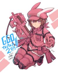 Rule 34 | 1girl, absurdres, animal hat, bandana, belt pouch, boots, brown hair, bullpup, chest harness, commentary request, fur-trimmed gloves, fur trim, gloves, gun, harness, hat, highres, holding, holding gun, holding weapon, jacket, knee pads, kneeling, kokuya (kokuya28), llenn (sao), looking at viewer, magazine (weapon), p-chan (p90), p90, pants, pink bandana, pink eyes, pink footwear, pink gloves, pink hat, pink jacket, pink pants, pink theme, pink weapon, pouch, rabbit hat, sidelocks, smile, solo, submachine gun, sword art online, sword art online alternative: gun gale online, translation request, trigger discipline, v, weapon, white background