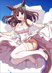Rule 34 | 1girl, alternate costume, animal ears, bare shoulders, blue sky, blush, breasts, brown hair, choker, cleavage, cloud, commentary request, dress, ear ornament, frilled dress, frills, garter straps, gloves, hair ornament, hairclip, high heels, highres, holding, holding clothes, holding dress, horse ears, horse girl, horse tail, jewelry, jumping, looking at viewer, medium breasts, mejiro dober (umamusume), midair, necklace, open mouth, outdoors, purple eyes, sky, smile, solo, strapless, strapless dress, tail, thigh strap, thighhighs, umamusume, veil, wahiko (black bastard), wedding dress, white choker, white dress, white footwear, white garter straps, white gloves, white thighhighs