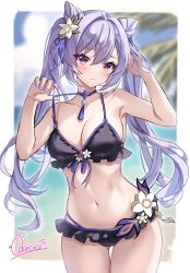 Rule 34 | 1girl, absurdres, bare shoulders, bikini, black bikini, blush, breasts, cleavage, cokecoco, commentary request, cone hair bun, cowboy shot, genshin impact, hair bun, highres, keqing (genshin impact), long hair, looking at viewer, medium breasts, nail polish, navel, purple eyes, purple hair, purple nails, solo, standing, stomach, swimsuit, thighs, twintails, very long hair