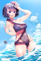Rule 34 | 1girl, arm up, bare shoulders, blue sky, blush, breasts, cleavage, cloud, commentary request, day, fate/grand order, fate (series), flower, frilled swimsuit, frills, gluteal fold, hair flower, hair ornament, hands up, highres, katsushika hokusai (fate), large breasts, navel, ocean, octopus, one-piece swimsuit, onsoku inu, open mouth, outdoors, purple eyes, purple hair, purple one-piece swimsuit, see-through, short hair, skindentation, sky, smile, solo, swimsuit, wading, water
