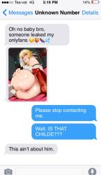 Rule 34 | 1boy, 1girl, anus, ass, ass focus, bare shoulders, blonde hair, blurry, blurry background, cellphone, chat log, detached sleeves, dildo, eggplant, emoji, english text, fake phone screenshot, fake screenshot, genshin impact, gold trim, highres, holding, holding phone, huge dildo, knotted dildo, lips, looking at viewer, lumine (genshin impact), meme, nyantcha, open mouth, orange eyes, phone, pussy, pussy juice, pussy juice trail, restrained, selfie, sex toy, slit pupils, smartphone, solo focus, stationary restraints, sweat, tartaglia (genshin impact), text messaging, thighhighs, thighs, timestamp, uncensored, white thighhighs