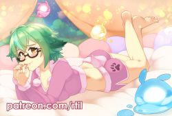 Rule 34 | 1girl, animal ears, bare legs, barefoot, black-framed eyewear, blush, commentary, dolphin shorts, english commentary, feet, feet up, fur trim, genshin impact, glasses, green hair, highres, long sleeves, looking at viewer, lying, midriff, on bed, on stomach, pajamas, patreon username, paw print, paw print pattern, pillow, pink pajamas, pink shorts, pom pom (clothes), rtil, seelie (genshin impact), semi-rimless eyewear, short hair, shorts, smile, solo, sucrose (genshin impact), the pose, under-rim eyewear, yellow eyes