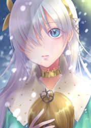 Rule 34 | 1girl, absurdres, anastasia (fate), ayamu (igakato), bad id, bad pixiv id, blue cloak, blue eyes, choker, cloak, commentary request, doll, fate/grand order, fate (series), hair over one eye, hairband, highres, holding, holding doll, long hair, looking at viewer, royal robe, silver hair, snow, solo, yellow choker, yellow hairband