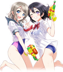 Rule 34 | 2girls, :d, ass, bare legs, barefoot, black hair, blouse, blue eyes, blush, bow, bowtie, breasts, collared shirt, commentary, competition swimsuit, cousins, curvy, family, finger on trigger, from side, grey hair, hair between eyes, highres, holding hands, looking at viewer, love live!, love live! sunshine!!, medium breasts, multiple girls, neckerchief, no pants, one-piece swimsuit, one eye closed, open mouth, purple eyes, sailor collar, sankuro (agoitei), school uniform, see-through, serafuku, shirt, short hair, short sleeves, sidelocks, simple background, skindentation, smile, striped bow, striped bowtie, striped clothes, swept bangs, swimsuit, swimsuit under clothes, teeth, thighs, watanabe tsuki, watanabe you, water drop, water gun, wet, wet clothes, wet hair, wet shirt, white background, white shirt