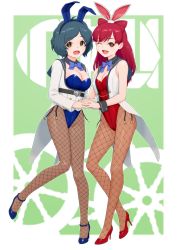 Rule 34 | 2girls, :d, animal ears, azumasix, blue hair, blue leotard, blue neckwear, bow, bowtie, breasts, brown eyes, brown legwear, character request, cleavage, coat, detached collar, double bun, fake animal ears, fishnet legwear, fishnets, hair bun, highres, kouya no kotobuki hikoutai, legs, leotard, looking at viewer, medium breasts, multiple girls, one eye closed, open mouth, own hands clasped, own hands together, pantyhose, playboy bunny, rabbit ears, rabbit tail, red eyes, red hair, red leotard, short hair, small breasts, smile, standing, tail, tailcoat, vest, white coat, white vest, wink, wrist cuffs