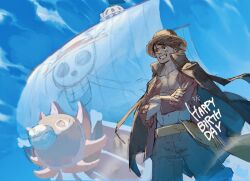 1boy black_coat black_hair blue_shorts blue_sky coat coat_on_shoulders crossed_arms happy_birthday hashtag-only_commentary hat highres looking_ahead monkey_d._luffy one_piece pirate_ship red_shirt sash scar scar_on_chest scar_on_face shirt short_hair shorts sky smile straw_hat straw_hat_pirates tentaro_en thousand_sunny veil yellow_sash