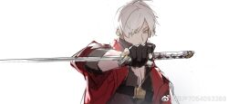 Rule 34 | 1boy, bishounen, blue eyes, coat, dante (devil may cry), devil may cry, devil may cry (series), devil may cry 4, facial hair, fingerless gloves, gloves, highres, holding, looking at viewer, male focus, red coat, simple background, solo, sword, trench coat, weapon, weibo 7054093389, white hair, yamato (sword)