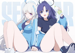 Rule 34 | 2girls, :p, ass, blue archive, blue eyes, blue footwear, blue hair, blue track suit, bottle, breasts, grey hair, gym shorts, halo, highres, holding, holding bottle, holding hands, large breasts, long hair, long sleeves, looking at viewer, mechanical halo, multiple girls, noa (blue archive), official alternate costume, one eye closed, open mouth, partially unzipped, purple eyes, shorts, thighs, tongue, tongue out, very long hair, water bottle, white footwear, white hair, xfate, yuuka (blue archive)