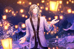 Rule 34 | 1boy, architecture, bare tree, black pants, blue eyes, bridge, camus (uta no prince-sama), chinese clothes, cowboy shot, dragon print, earrings, east asian architecture, embroidery, flower knot, game cg, highres, jacket, jewelry, lace, lantern, lens flare, light particles, light smile, long hair, long sleeves, looking at object, looking up, male focus, night, official art, outdoors, pants, paper lantern, parted bangs, platinum blonde hair, reflection, reflective water, shirt, single earring, sky, sky lantern, snow, snowflake print, solo, standing, star (sky), starry sky, tangzhuang, tassel, tassel earrings, third-party source, tree, uta no prince-sama, uta no prince-sama: shining live, white jacket, white shirt, winter