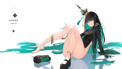 Rule 34 | 1girl, absurdly long hair, arm support, artist name, ass, barefoot, black dress, black footwear, black hair, blunt bangs, breasts, colored inner hair, crown, dress, embroidery, green eyes, green hair, green nails, highres, huang (volt0526), leaning back, legs, long hair, looking at viewer, medium breasts, multicolored hair, nail polish, no panties, no socks, punishing: gray raven, qu (punishing: gray raven), reflection, shoes, side slit, single shoe, sitting, solo, toenail polish, toenails, very long hair