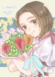 Rule 34 | 1girl, annallee (suikoden), bouquet, brown eyes, brown hair, choker, closed mouth, dated, dress, flower, gensou suikoden, gensou suikoden ii, highres, holding, holding bouquet, konomi (leaf sugar), leaf, looking at viewer, short hair, smile, solo