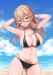Rule 34 | 1girl, armpits, arms behind head, arms up, bare arms, bare shoulders, beach, bikini, black bikini, blue eyes, blue sky, breasts, brown hair, cloud, commission, cowboy shot, day, earrings, fang, glasses, hair over shoulder, halterneck, highres, jewelry, large breasts, linea alba, long hair, looking at viewer, multi-strapped bikini, navel, o-ring, o-ring bikini, ocean, original, outdoors, parted lips, pointy ears, pubic tattoo, sand, semi-rimless eyewear, sidelocks, skeb commission, skin fang, skindentation, sky, smile, solo, standing, stomach, swimsuit, tachikawa yoru (dragoaman), tattoo, thighs, water, yuzuruka (bougainvillea)