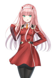 Rule 34 | 10s, 1girl, :q, absurdres, black pantyhose, cowboy shot, darling in the franxx, dress, floating hair, green eyes, hairband, hand on own hip, highres, kichi (kichifav), long hair, looking at viewer, necktie, orange necktie, pantyhose, pink hair, red dress, short dress, short necktie, simple background, solo, standing, tongue, tongue out, very long hair, white background, white hairband, zero two (darling in the franxx)
