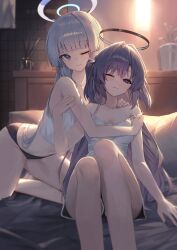 Rule 34 | 2girls, absurdres, alternate costume, blue archive, blunt bangs, camisole, halo, hand on another&#039;s shoulder, highres, hug, huhi (huhi 1211), kneeling, leaning on person, long hair, multiple girls, noa (blue archive), on bed, one eye closed, pillow, purple hair, short shorts, shorts, sitting, strap slip, two side up, white camisole, white hair, yuuka (blue archive)