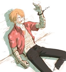 Rule 34 | 1boy, bandages, blonde hair, cigarette, hair over one eye, injury, leaning, male focus, one piece, open clothes, open shirt, sanji (one piece), shirt, sitting, skypiea, solo, yamsong