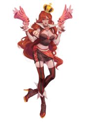 Rule 34 | 1girl, absurdres, alternate costume, black choker, black thighhighs, boots, breasts, choker, crown, detached sleeves, dual wielding, full body, garter straps, gun, heart, high heel boots, high heels, highres, holding, holding gun, holding weapon, large breasts, league of legends, lipstick, long hair, makeup, midriff, miss fortune (league of legends), nail polish, puffy sleeves, purple eyes, red hair, red nails, ruan chen yue, solo, striped clothes, striped thighhighs, thighhighs, very long hair, weapon